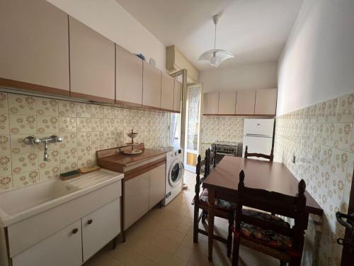 cocina con mesa, fregadero y lavadora en Appartamento SS, en Follonica
