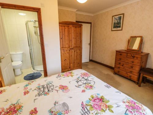 a bedroom with a bed and a bathroom with a shower at Bryn Llan in Bala
