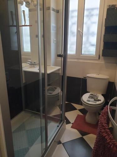 une salle de bain avec toilettes et douche en verre dans l'établissement La Demeure, à Gabarret