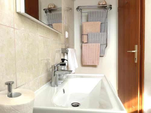 W łazience znajduje się umywalka, lustro i ręczniki. w obiekcie Apartment Dino w mieście Lopud