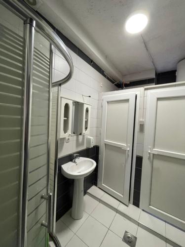 La salle de bains est pourvue d'un lavabo et d'une douche. dans l'établissement NEWBORN comfort HOSTEL, à Pristina