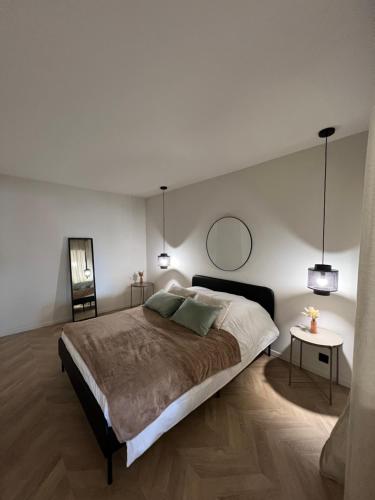 une chambre avec un grand lit et un miroir dans l'établissement T3 climatisé au bord de l’eau, à San-Martino-di-Lota