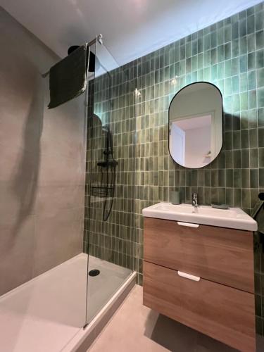 une salle de bain avec une douche, un lavabo et un miroir dans l'établissement T3 climatisé au bord de l’eau, à San-Martino-di-Lota