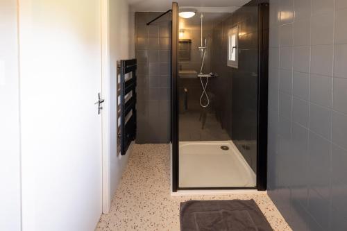 een badkamer met een douche en een glazen deur bij Maison de campagne in Archignat