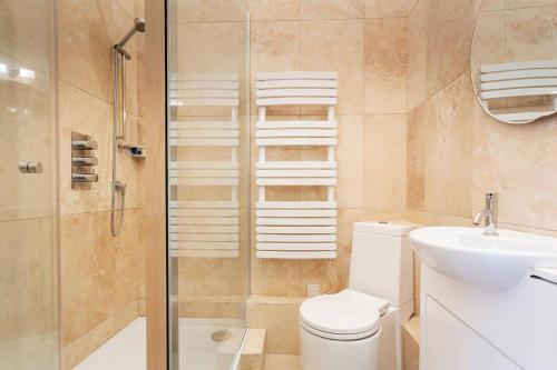 W łazience znajduje się toaleta, umywalka i prysznic. w obiekcie Charming Studio Apartment Near Clapham Common w Londynie