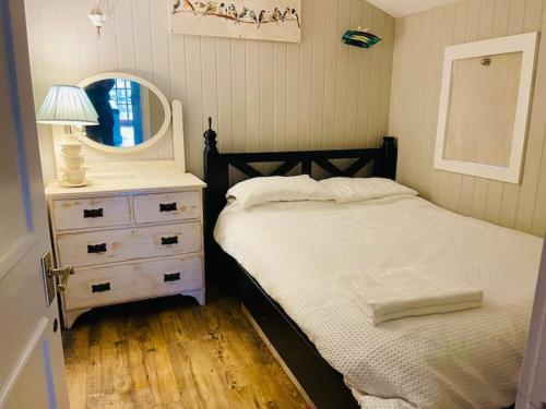 a bedroom with a bed and a dresser with a mirror at Jabba The Hut in Sturminster Marshall