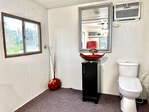 a bathroom with a toilet and a bowl on a table at Trestle Creeks Farmhouse Fort Tiny House in Bloomington