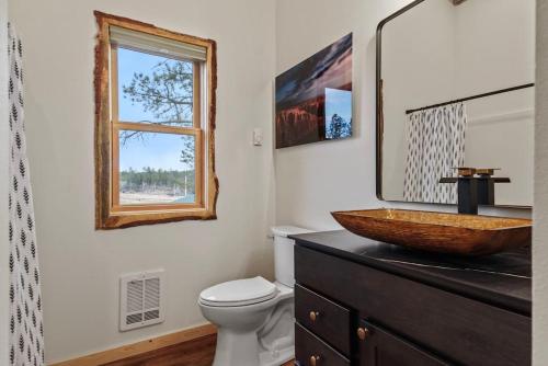 baño con lavabo y aseo y ventana en Hottub Haven BHBungalows #9, en Custer