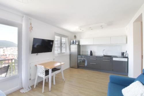 a kitchen and living room with a table and a kitchen at Studio 4 Swimming pool summer parking & superb view! in Aix-les-Bains