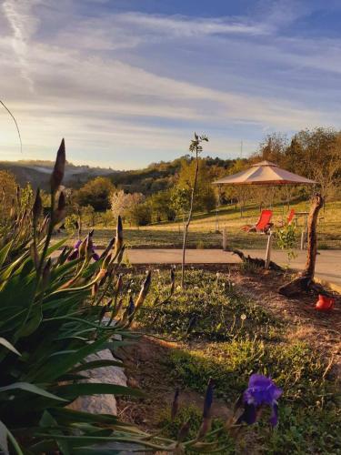 a garden with purple flowers and a gazebo at Sunny Side Fruska Gora - veliko imanje sa kucom za odmor in Velika Remeta