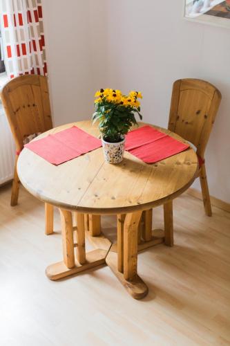 a wooden table with a potted plant on top of it at Ferienwohnung Spiegelberg in Spiegelberg