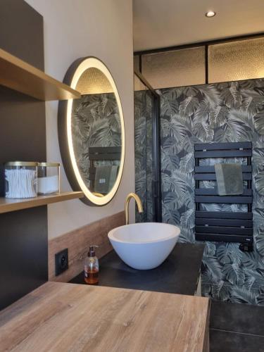 une salle de bain avec un lavabo et un miroir dans l'établissement L’Appartement de la Passerelle, à Soissons