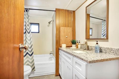 a bathroom with a sink and a toilet and a mirror at Ocala Farm Lake House in Ocklawaha