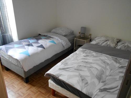 Appartement-Vierzon-centre في فييرزو: غرفة نوم بسريرين وموقف ليلي