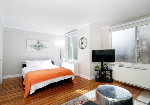 Schlafzimmer mit einem Bett und einem Flachbild-TV in der Unterkunft Lovely Studio Apartment in NYC in New York