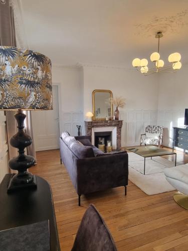 un salon avec un canapé et une cheminée dans l'établissement L’Appartement de la Passerelle, à Soissons
