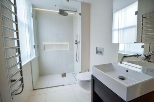 a bathroom with a toilet and a sink and a shower at Cosmopolitan Hideaway in London