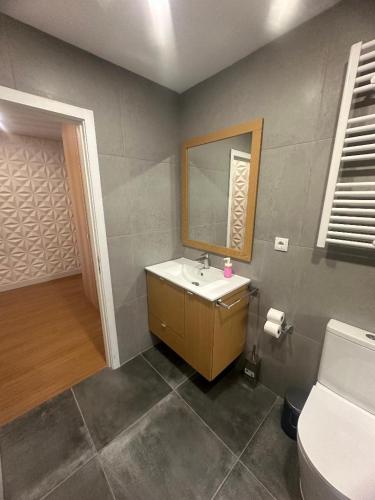 a bathroom with a sink and a mirror and a toilet at Francisco Barbosa in Estarreja