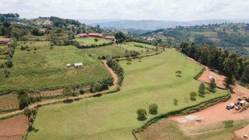 an aerial view of a green field with trees at Lake bunyonyi view lodge in Kabale