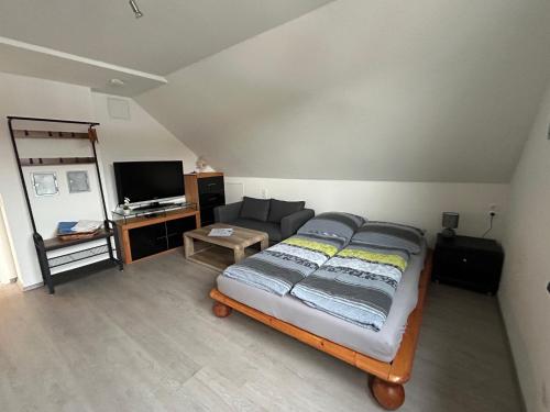 a bedroom with a bed and a couch and a tv at 1 Zi Apartment im Stadtzentrum in Schwalmstadt