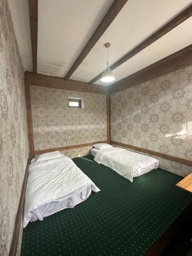 2 camas en una habitación pequeña con alfombra verde en 阿拉木图市和平民宿, en Kalkaman