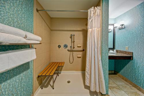 uma casa de banho com uma banheira e um chuveiro com um banco em Hilton Garden Inn Midtown Tulsa em Tulsa