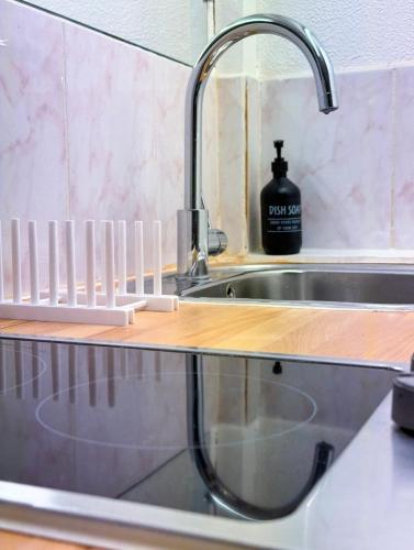 - un comptoir de cuisine avec un évier et une bouteille de savon dans l'établissement Le Cocon Urbain Central, à Chartres