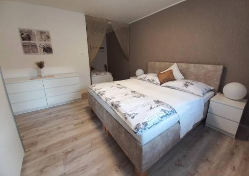 a bedroom with a large bed and wooden floors at Príjemné ubytovanie v plne vybavenom rodinnom dome in Trnava