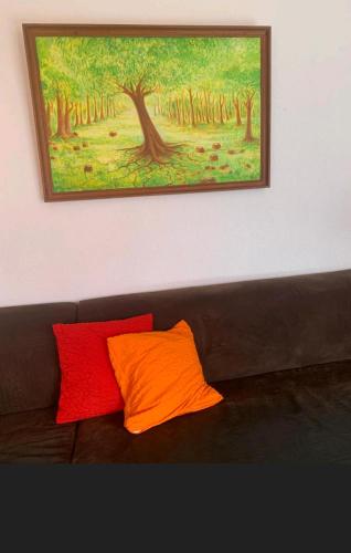 ein orangefarbenes und rotes Kissen auf einer Couch unter einem Gemälde in der Unterkunft Chez Ninfa in Villeret