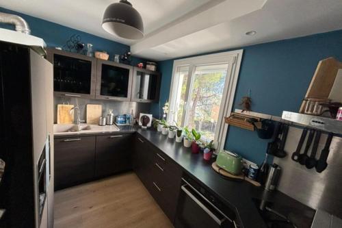 a kitchen with black cabinets and a blue wall at Lovely spacious cocoon in Montpellier in Montpellier