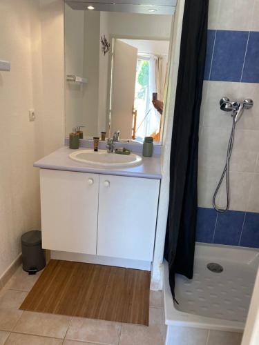 une salle de bain avec un lavabo blanc et une douche dans l'établissement Maison résidence Odalys, à Calvisson