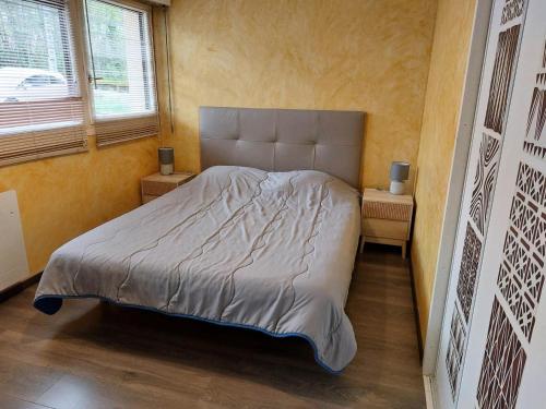 een bed in een kamer met 2 nachtkastjes en 2 ramen bij Résidence Saint Christophe - 2 Pièces pour 3 Personnes 524 in Aix-les-Bains
