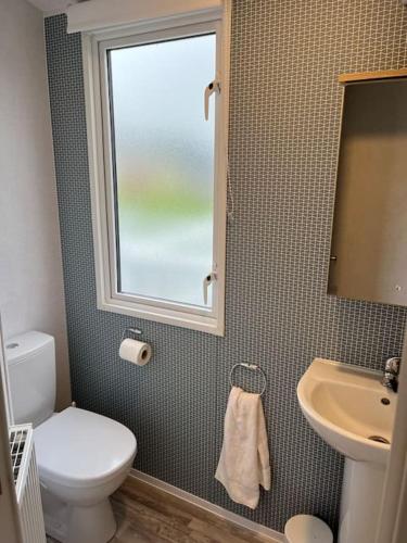 a bathroom with a toilet and a sink and a window at Lean into the Gardens of Heligan in St Austell