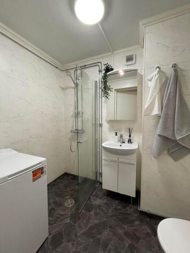 a bathroom with a sink and a shower and a toilet at Serenity Cottage 2 in Närpiö