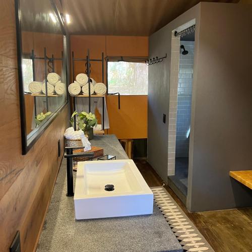 a bathroom with a white sink and a shower at Rodavento Boutique Hotel & Spa in Valle de Bravo