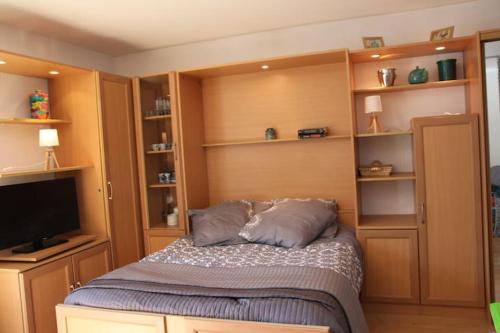 Cette chambre comprend un lit avec des étagères et une télévision. dans l'établissement Luchon plein centre, Ski, Soleil et Eaux thermales 100m Remontée 400m Thermes, à Luchon