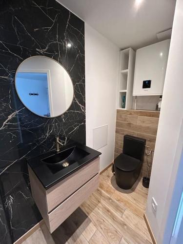 uma casa de banho com um lavatório preto e um espelho em Appartement tout confort em Harfleur