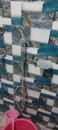 a shower in a bathroom with a tiled wall at Kishori ram guest house 5 minute walking distance from railway station in Ayodhya