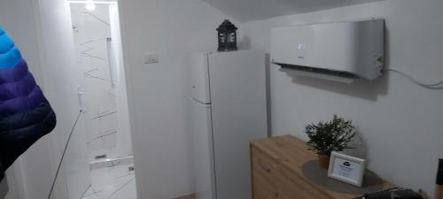 a kitchen with a refrigerator and a tv on a wall at Apartmani Doksas Degurić in Belić