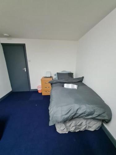 a bedroom with a bed with a blue carpet at Room near East Midland Airport Room 6 in Kegworth