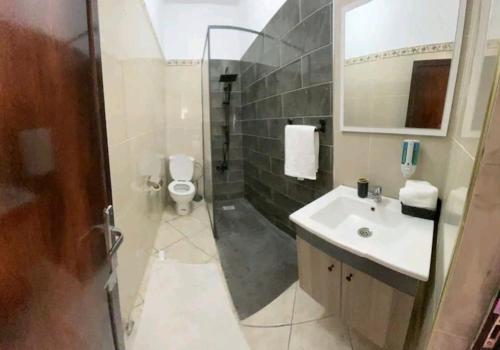 W łazience znajduje się umywalka, toaleta i prysznic. w obiekcie Chambres Maya w mieście Ksar es-Seghir