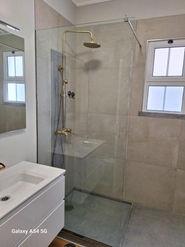 a bathroom with a glass shower and a sink at Figueira's House By the Atlantic in Ponta do Sol