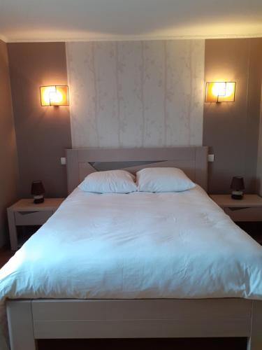 1 cama con 2 almohadas y 2 luces en la pared en A l'OREE DU BOIS, en Longwy
