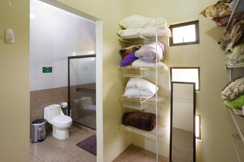 een badkamer met een douche, een toilet en handdoeken bij Root Wellness Arenal in Esperanza
