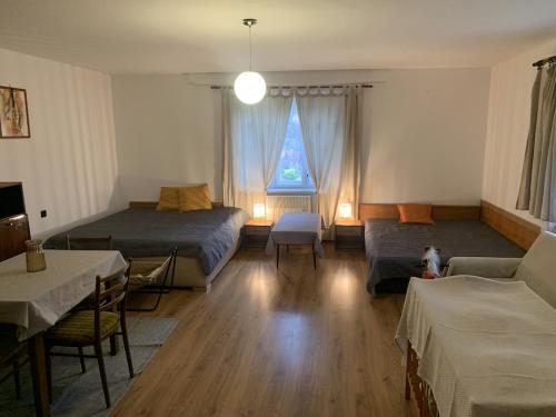 1 dormitorio con 2 camas, sofá y ventana en Usadlosť pri lúke, en Mlynárovce