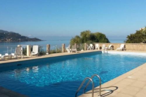une piscine avec vue sur l'eau dans l'établissement Appartement les pieds dans l'eau, à Calcatoggio