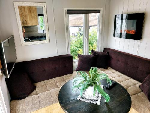 uma sala de estar com uma mesa e um sofá em Microhouse Leknes in Lofoten em Leknes