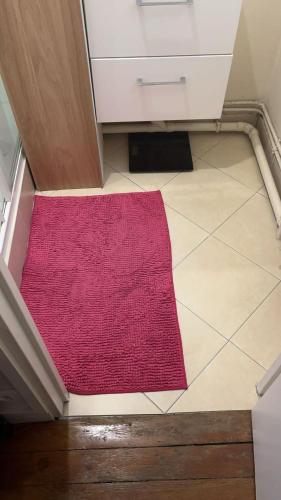 un tapis rouge assis au sol dans une cuisine dans l'établissement REPOS EN FAMILLE POUR VISITER PARIS A 15 MIN EN TRANSPORT, à Bois-Colombes