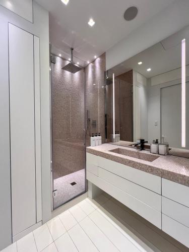 ein Badezimmer mit einem großen Waschbecken und einer Dusche in der Unterkunft Duomo intero appartamento in Mailand