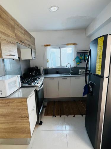 eine Küche mit einem schwarzen Kühlschrank und einer Spüle in der Unterkunft La rose in Punta Cana